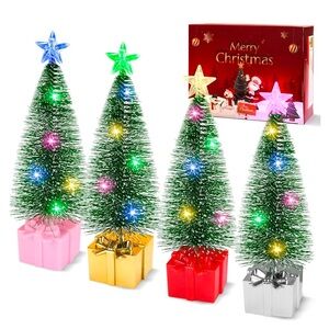 Set of 4 Festive Mini Christmas Trees, 6" Tabletop Christmas Decorations